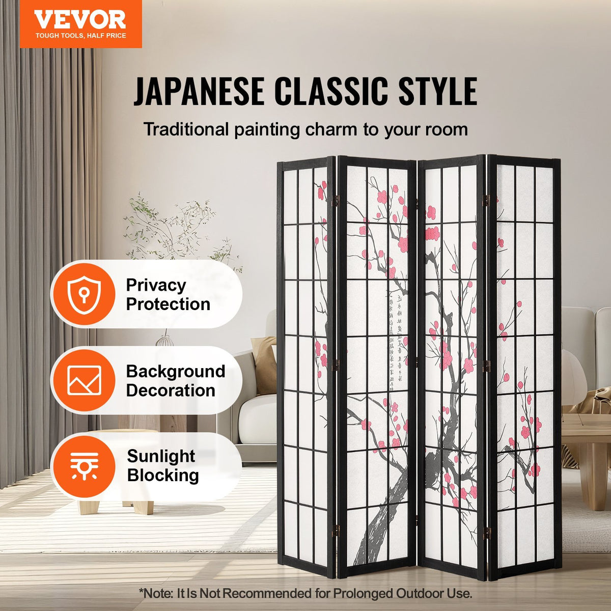 Room Divider, 4 Panel Japanese Room Divider Screen, Wood Folding Privacy Screen Indoor, Japanese Partition Portable Decoration Dividers, for Room Separation Home Office Restaurant & Bedroom