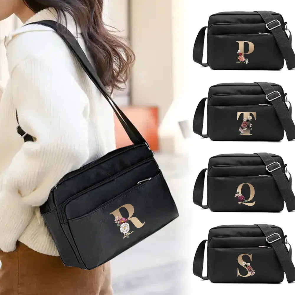 Color: Red - New Fashion Multi-layer Travel Leisure Simple Storage Bag Black Gold Letter Series Printing Pattern One Shoulder Crossbody Bag