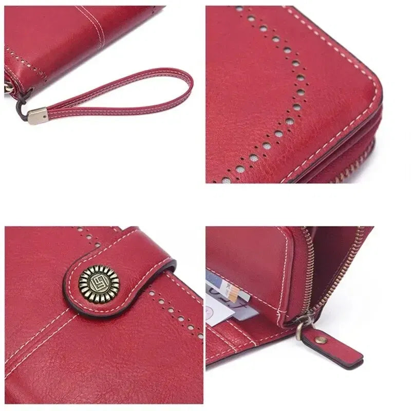 Color: Orange - New Retro Long Purse Vintage Solid Color Oil Wax Hollowed Out Wallet Multifunction Large Capacity Mobile Phone Bag For Women