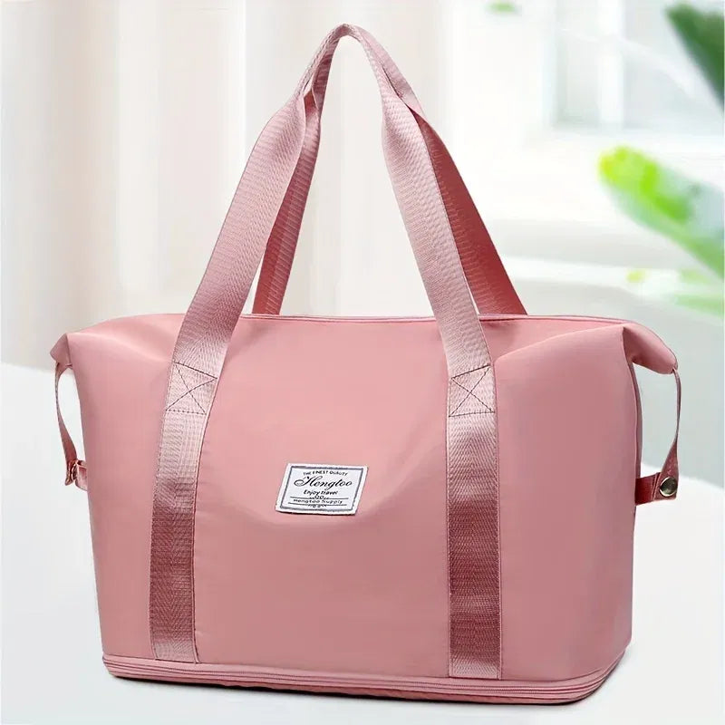 Color: Pink - Double-layer expandable large-capacity luggage bag, new multi-functional foldable portable gym bag, sports travel bag-tan