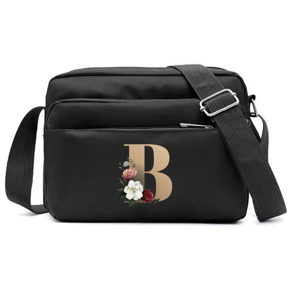 Color: Blue - New Fashion Multi-layer Travel Leisure Simple Storage Bag Black Gold Letter Series Printing Pattern One Shoulder Crossbody Bag