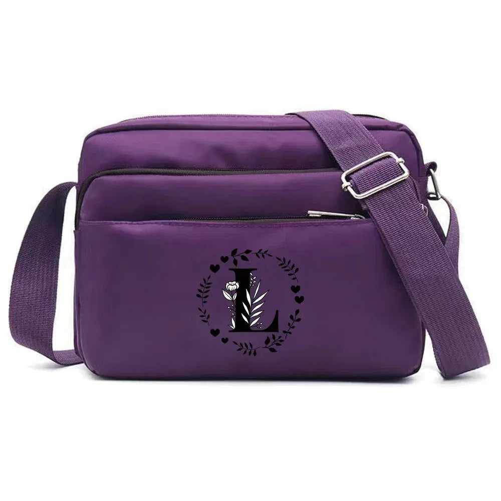 Color: Khaki - Purple One Shoulder Crossbody Bag Portable Commuting Large Capacity Simplicity Storage Bag Garland Letter Series Print Pattern