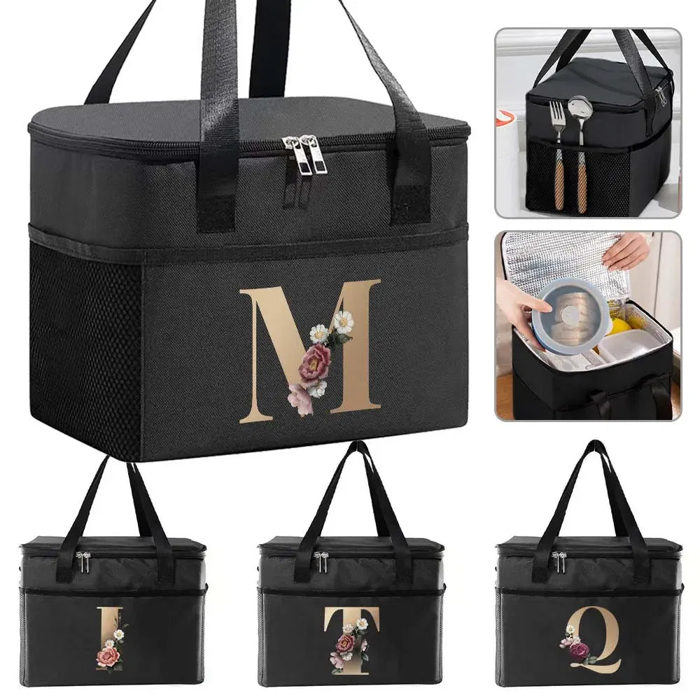 Color: Yellow - Thermal Bag Portable Lunch Bags Insulated Cooler Bag Food Bento Bags Printing Gold Letter Series Travel Picnic Storage Ice Bags