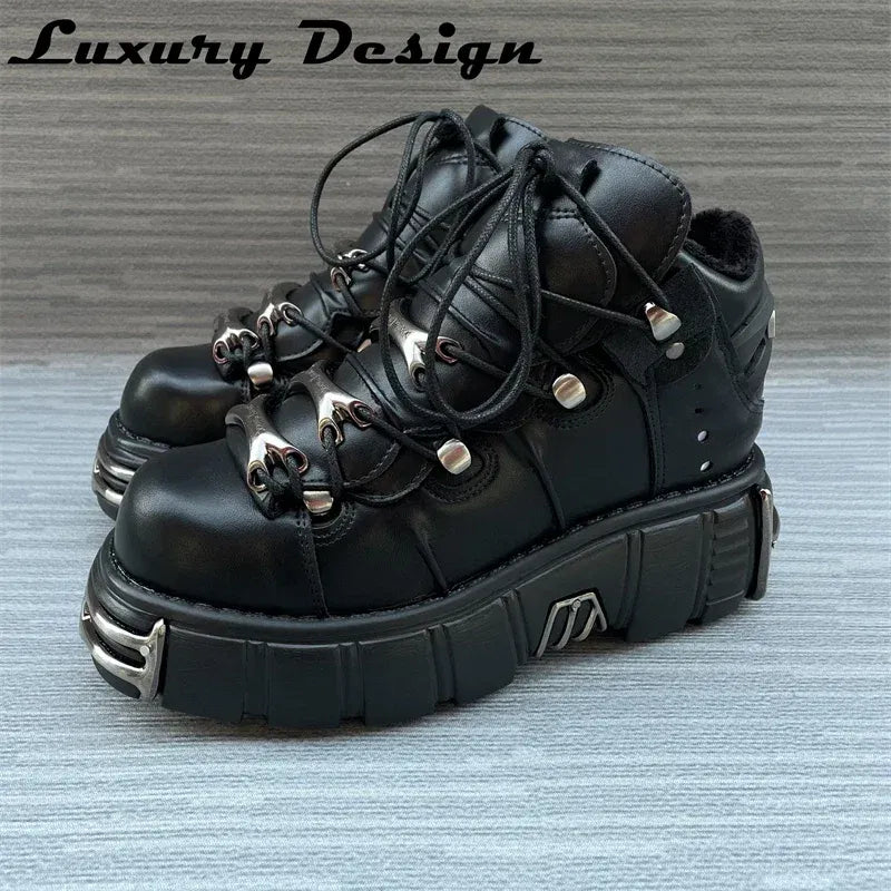 Color: Brown, Shoe Size: 44 - Punk Style Women Sneakers Lace-up 6CM Platform Shoes Woman Creepers Female Casual Flats Metal Decor Tenis Feminino Gothic