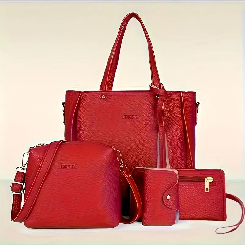 Color: black - 4pcs Elegant Minimalist Women'S Shoulder Bag, Handbag, Crossbody Bag, Women Storage Bag, Holiday Gift, Synthetic, Zipper Closure