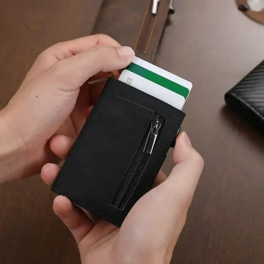 Color: Beige - RFID Blocker Minimalistic Men Wallet Business Credit Card Holder Carbon Fiber Leather Wallets Small Male Purse Cardholder Case
