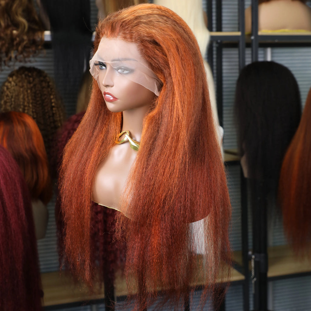 Hair Color: #2, Stretched Length: 20inches, Density: 220% - 4/350 Piano Color Kinky Straight 13x6 Lace Frontal Human Hair Wigs Highlight Ginger Orange Brown Color Remy 13x4 Lace Front Wig