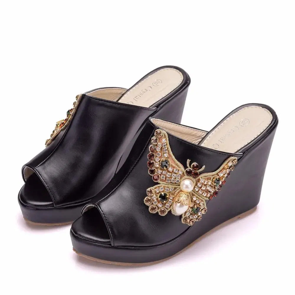 Color: WHITE, Shoe Size: 38 - Crystal Queen 10cm Peep Toe Platform Wedges Slippers High Heels Beach Sandals Women