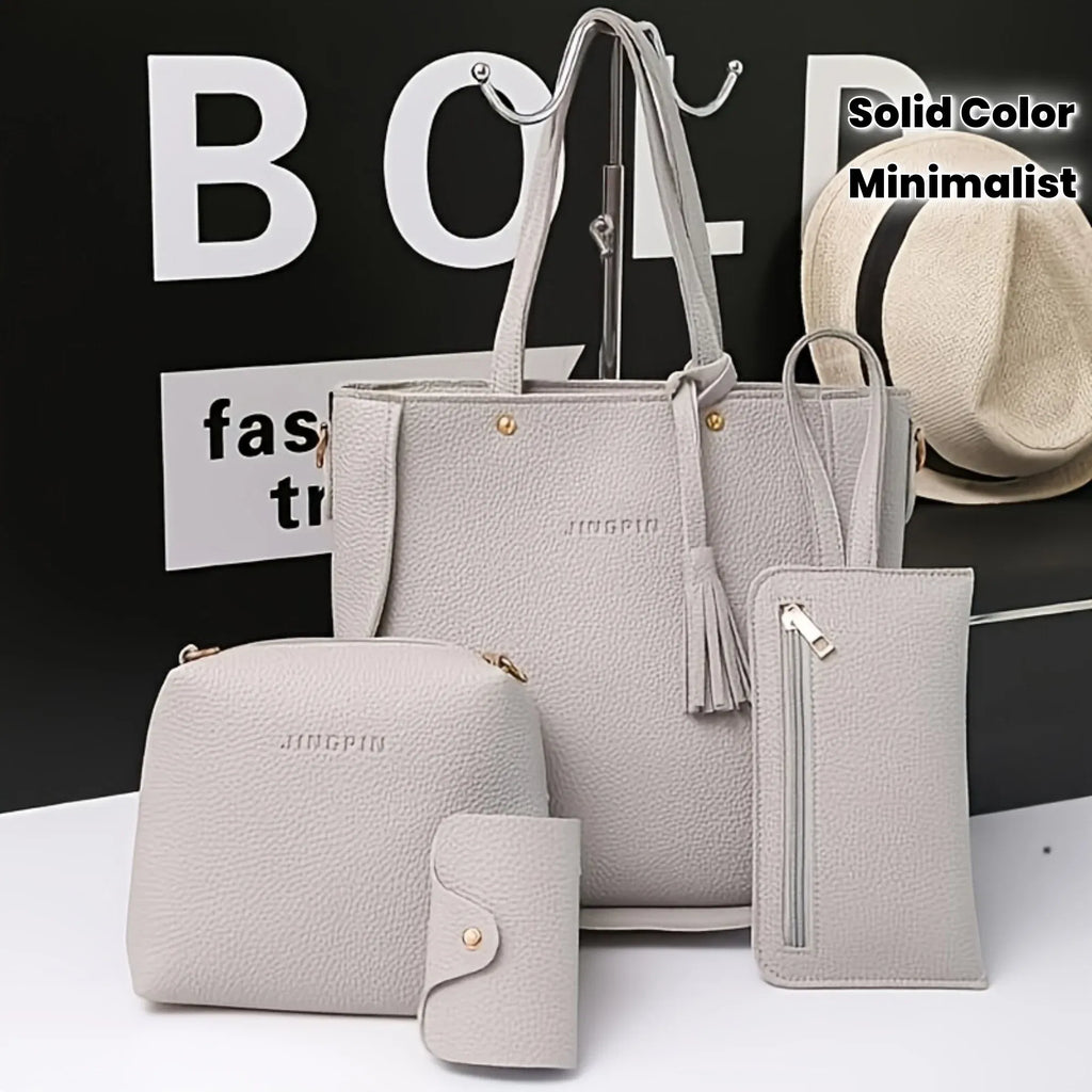 Color: black - 4pcs Elegant Minimalist Women'S Shoulder Bag, Handbag, Crossbody Bag, Women Storage Bag, Holiday Gift, Synthetic, Zipper Closure