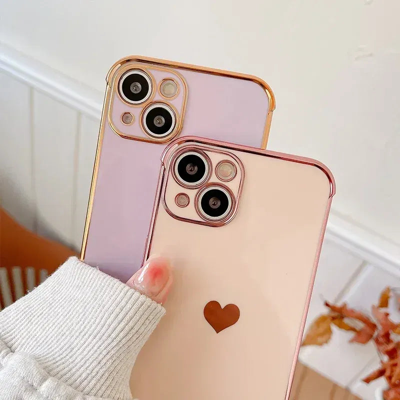 Color: Orange, Compatible-Phone Models: For iPhone 14 Plus, Ships From: CN - Electroplating Side Love Heart Phone Case For IPhone 16 15 14 13 12 11 Pro Max XR 8 Plus SE2/SE3 Shockproof Back Cover