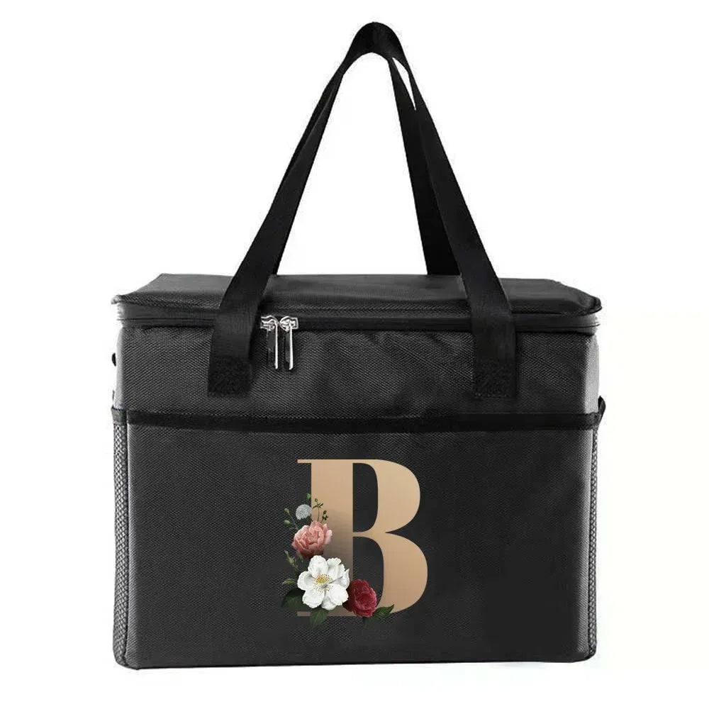Color: Yellow - Thermal Bag Portable Lunch Bags Insulated Cooler Bag Food Bento Bags Printing Gold Letter Series Travel Picnic Storage Ice Bags
