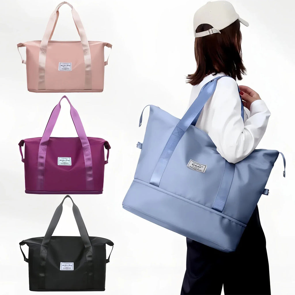 Color: Pink - Double-layer expandable large-capacity luggage bag, new multi-functional foldable portable gym bag, sports travel bag-tan
