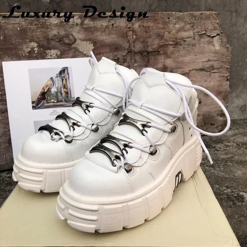 Color: Brown, Shoe Size: 44 - Punk Style Women Sneakers Lace-up 6CM Platform Shoes Woman Creepers Female Casual Flats Metal Decor Tenis Feminino Gothic