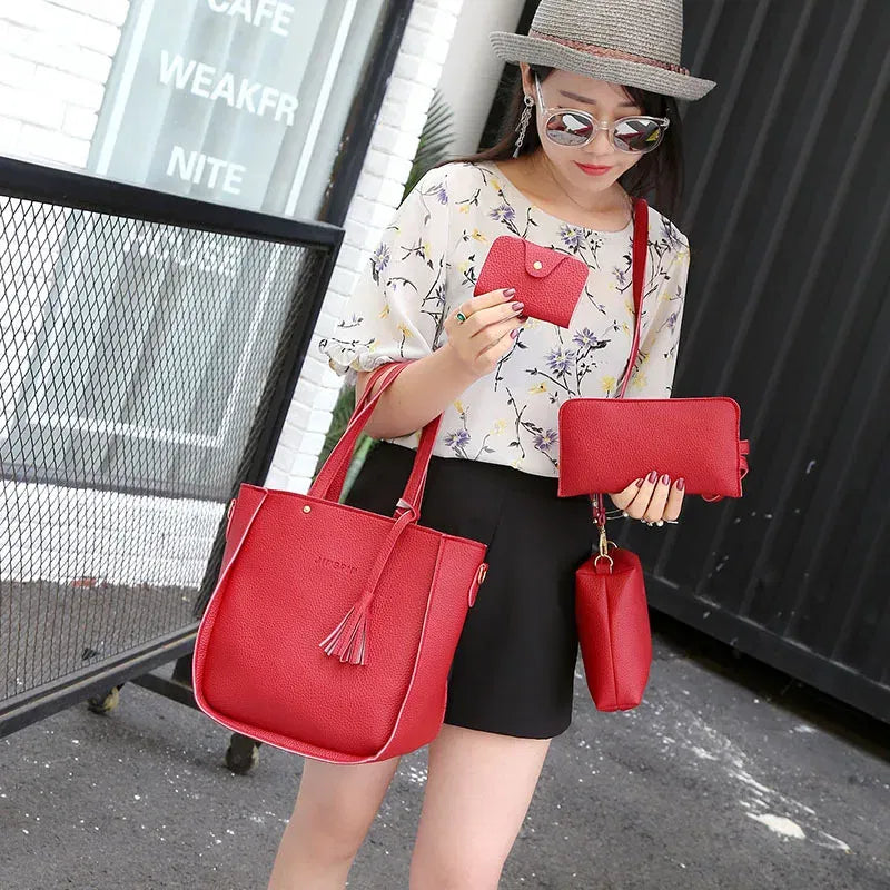 Color: black - 4pcs Elegant Minimalist Women'S Shoulder Bag, Handbag, Crossbody Bag, Women Storage Bag, Holiday Gift, Synthetic, Zipper Closure