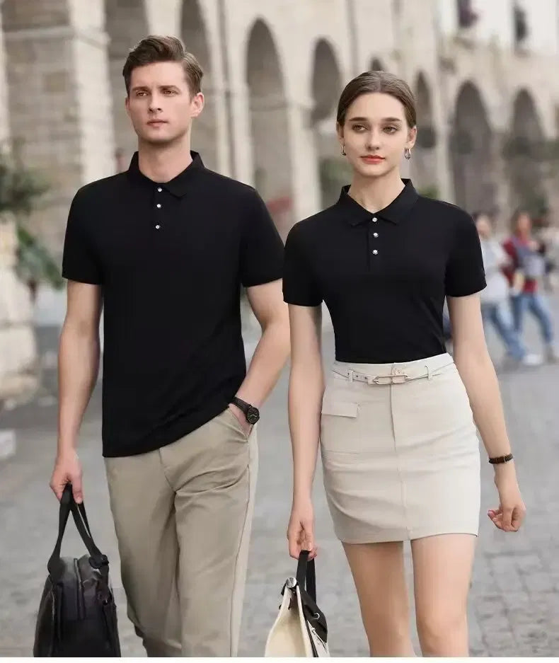 Color: Champagne, Size: 4XL - 2025 New Solid Color Polo Shirt Men's Short Sleeve Button Tshirts Lapel Lightweight Streetwear Sport Casual Tops