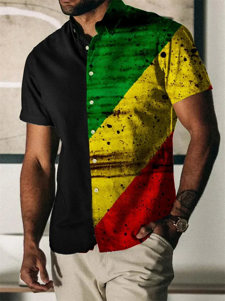 Color: Gold, Size: 5XL - 2023 Summer Vintage Men's Hawaiian Shirt Short Sleeve Stripe Printed Shirts For Men Single Button Beach Tee Shirt Men Clothing