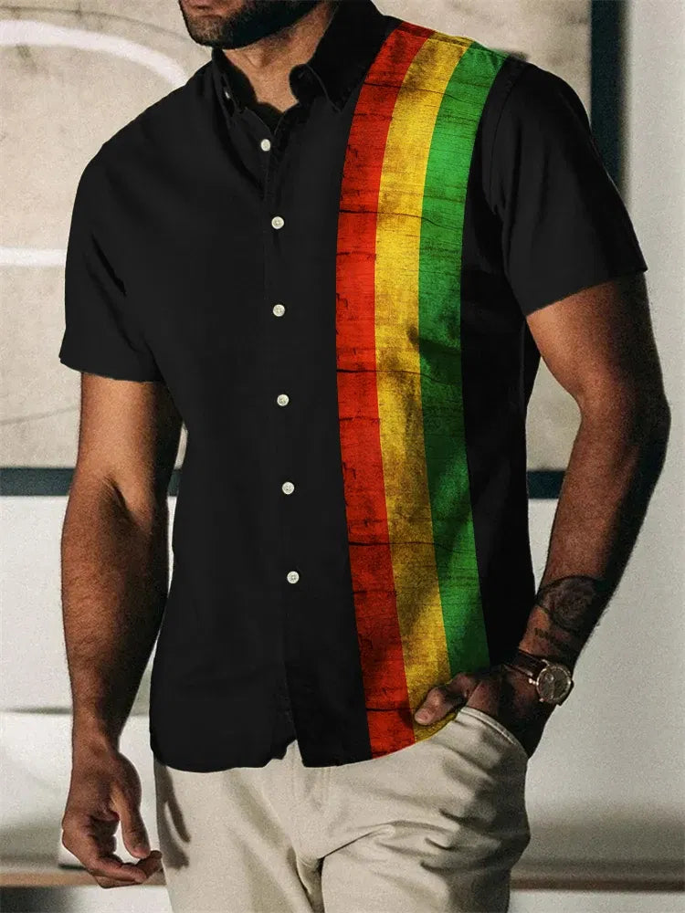 Color: Gold, Size: 5XL - 2023 Summer Vintage Men's Hawaiian Shirt Short Sleeve Stripe Printed Shirts For Men Single Button Beach Tee Shirt Men Clothing