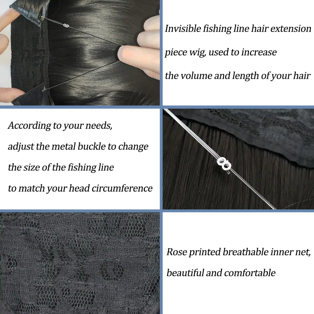 Color: T1B/Red, Stretched Length: 32inches, Ships From: CHINA - Synthetic Natural Wavy No Clip Fish Line Invisible Hair Extensions Mixed Color Blonde Black Artificial False Hair Piece ForWomen