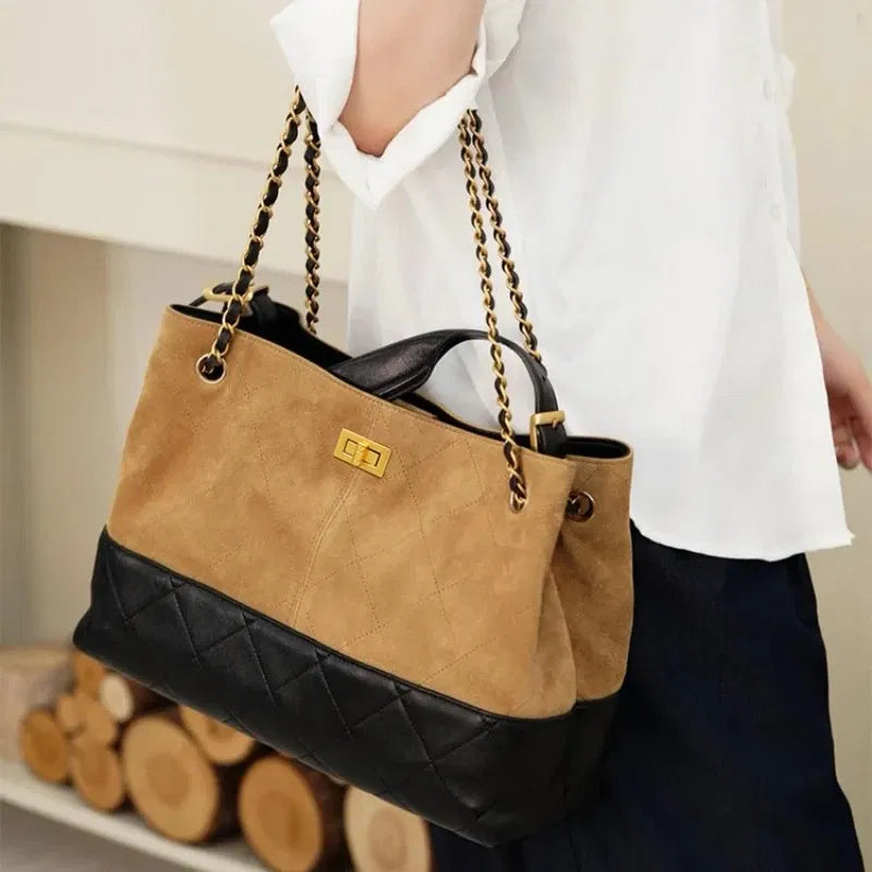 Color: Beige - Ladies' Genuine Leather Bag 2025 Matte Leather Diamond Pattern Vintage Chain Bucket Bag Contrast Color Shoulder Bag Handbag