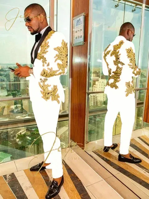 Color: SKY BLUE, Size: One Size - Luxury Groom Wedding Tuxedos Gold Sequins Appliques Black Men Suits Slim Fit Costume Homme Marriage Prom Suits