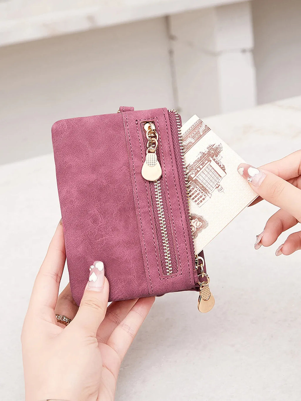Color: black - Retro foldingzipper wallet high-quality PUleather portablemultifunctional women's walletfashionable withID card window wrist bag