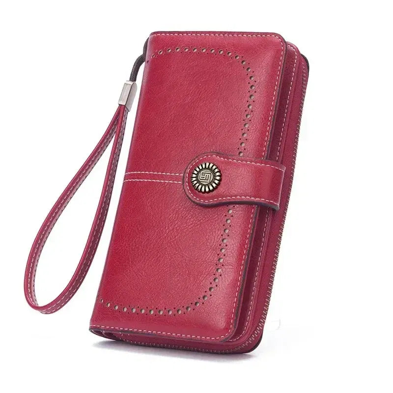 Color: Orange - New Retro Long Purse Vintage Solid Color Oil Wax Hollowed Out Wallet Multifunction Large Capacity Mobile Phone Bag For Women