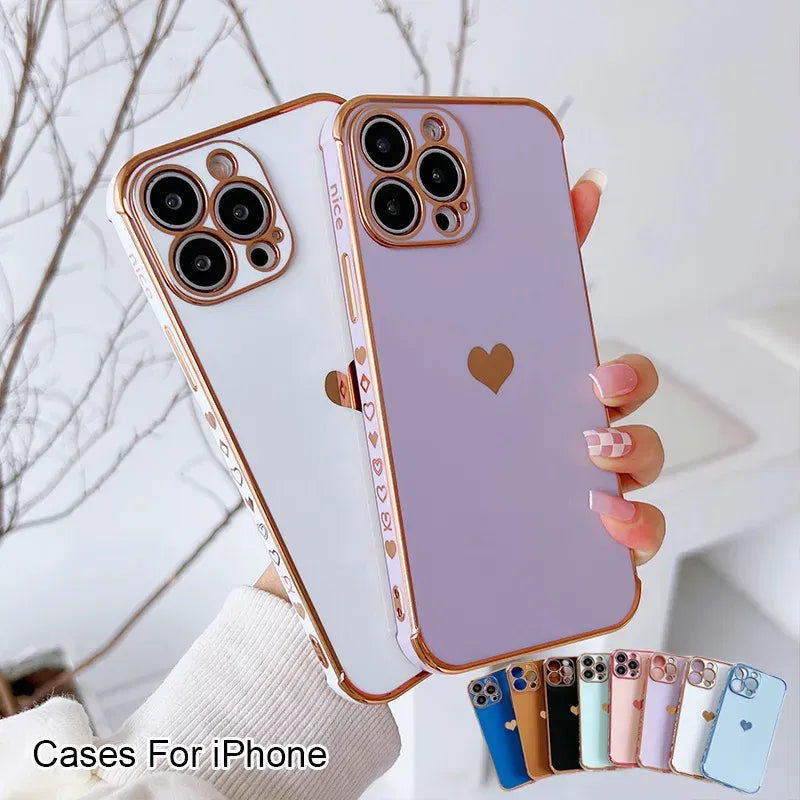 Color: Orange, Compatible-Phone Models: For iPhone 14 Plus, Ships From: CN - Electroplating Side Love Heart Phone Case For IPhone 16 15 14 13 12 11 Pro Max XR 8 Plus SE2/SE3 Shockproof Back Cover
