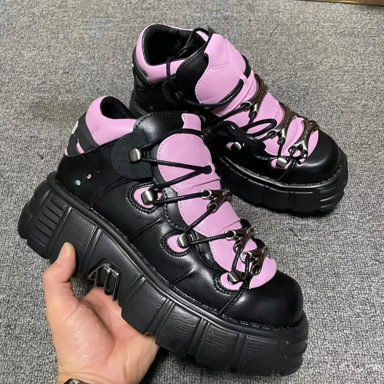 Color: Brown, Shoe Size: 44 - Punk Style Women Sneakers Lace-up 6CM Platform Shoes Woman Creepers Female Casual Flats Metal Decor Tenis Feminino Gothic