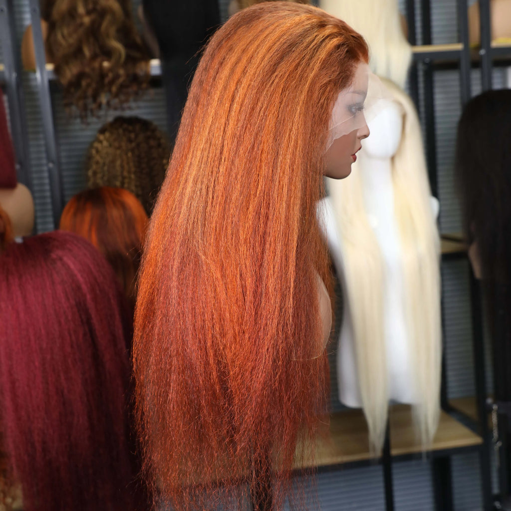 Hair Color: #2, Stretched Length: 20inches, Density: 220% - 4/350 Piano Color Kinky Straight 13x6 Lace Frontal Human Hair Wigs Highlight Ginger Orange Brown Color Remy 13x4 Lace Front Wig