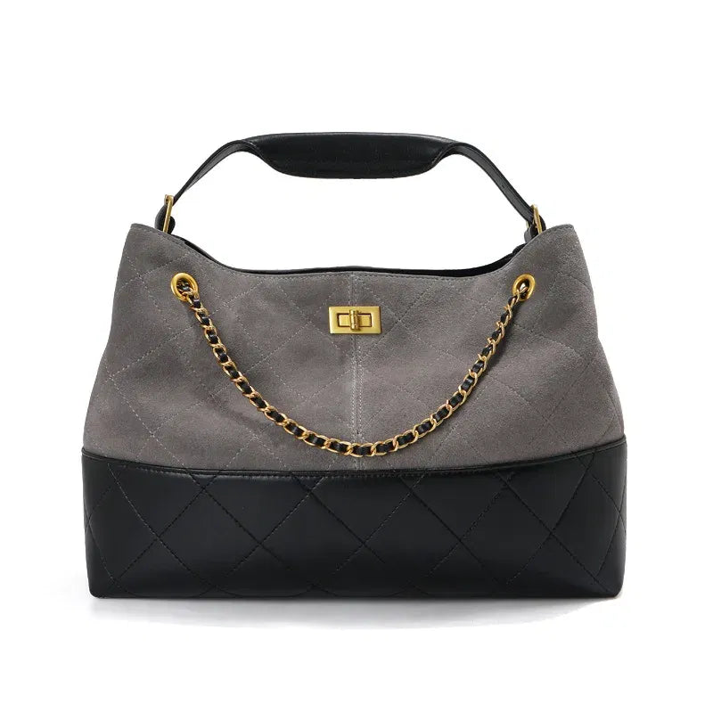 Color: Beige - Ladies' Genuine Leather Bag 2025 Matte Leather Diamond Pattern Vintage Chain Bucket Bag Contrast Color Shoulder Bag Handbag