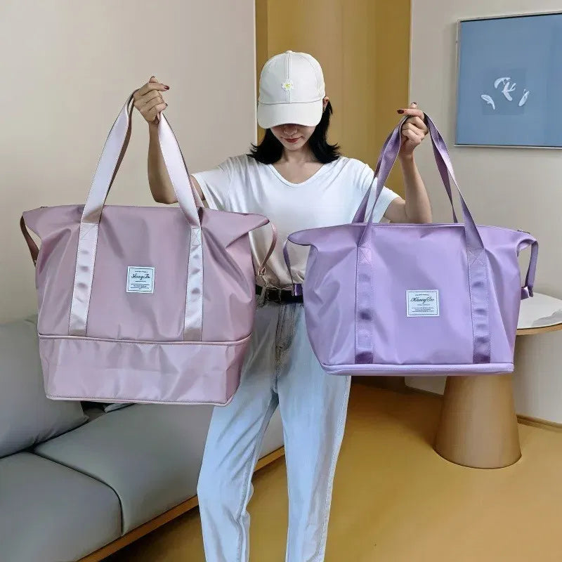 Color: Pink - Double-layer expandable large-capacity luggage bag, new multi-functional foldable portable gym bag, sports travel bag-tan