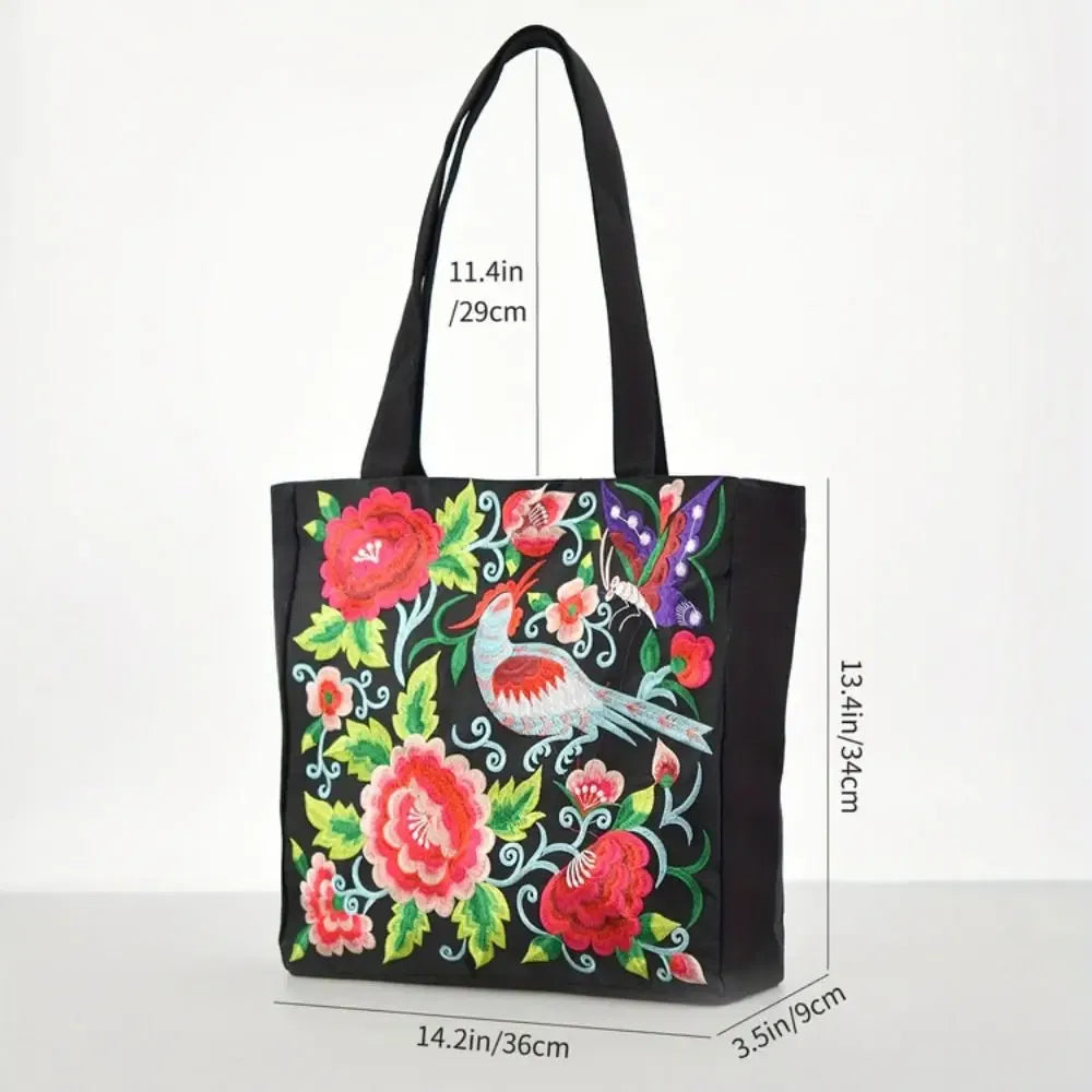 Color: Black - Ethnic Style Women Shoulder Bag Casual Canvas Large Capacity Embroidered Tote Bag Handbag Colorful Shopping Bag