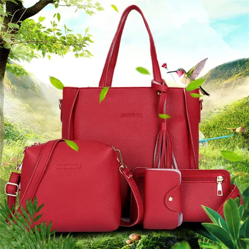 Color: black - 4pcs Elegant Minimalist Women'S Shoulder Bag, Handbag, Crossbody Bag, Women Storage Bag, Holiday Gift, Synthetic, Zipper Closure