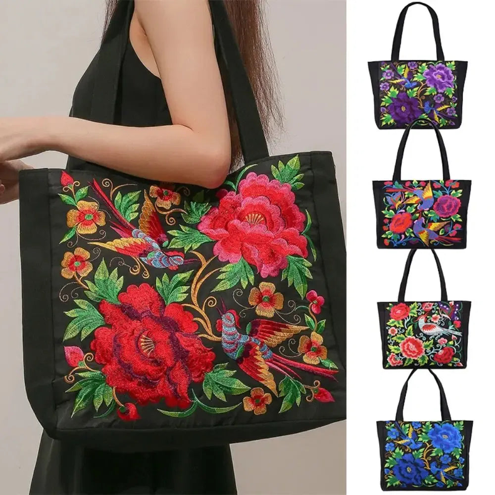 Color: Black - Ethnic Style Women Shoulder Bag Casual Canvas Large Capacity Embroidered Tote Bag Handbag Colorful Shopping Bag