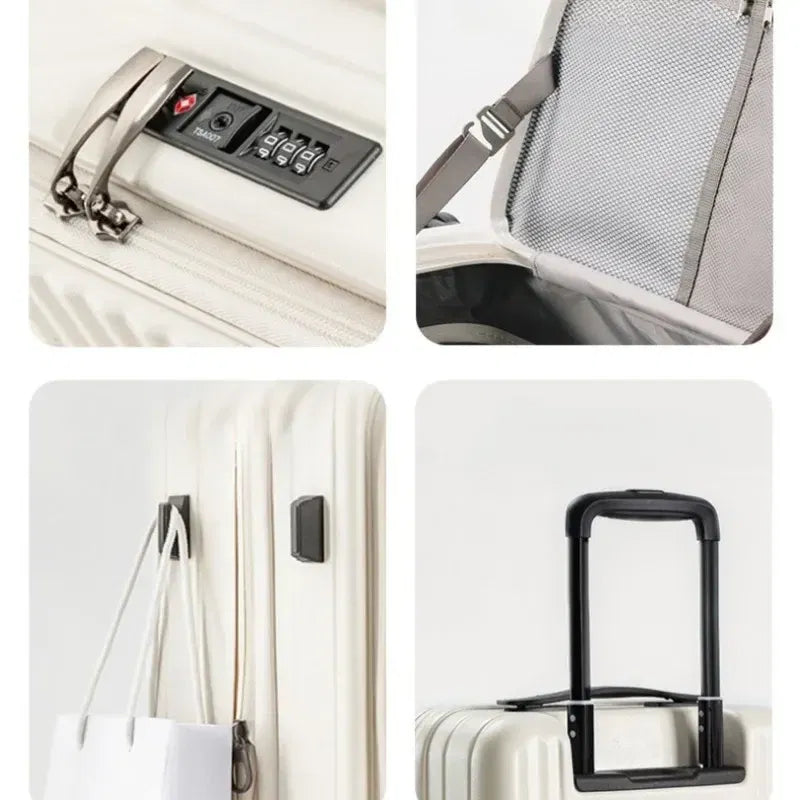 Color: Beige, Luggage Size: 16Inches 400mm, Ships From: CHINA - 2025 New 20-inch PC Hard Shell Lightweight Roller Travel Expandable Multifunctional Front Opening Suitcase Cabin Trolley Case