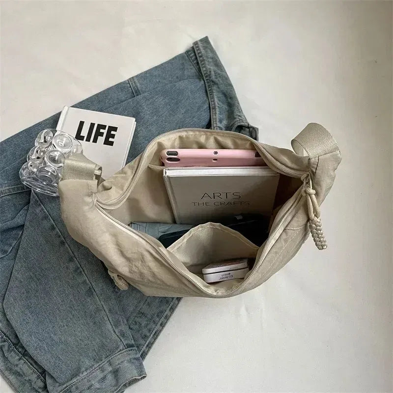 Color: GRAY - Trendy Women's Soft Cloth Shoulder Bag Solid Color Student Casual Style Big Handbags Crossbody Bags for Women Shoulder Hobos Bag