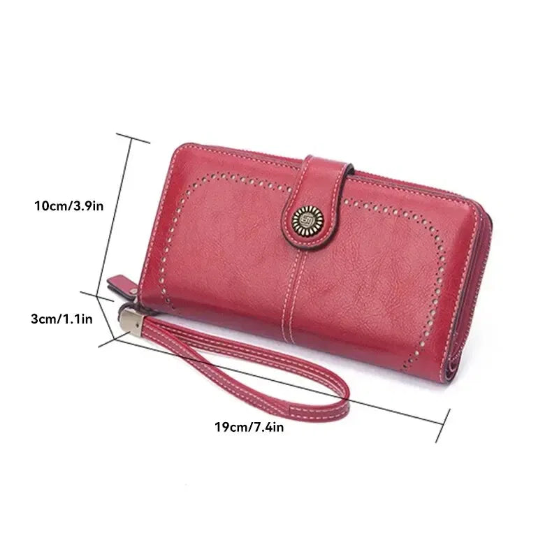 Color: Orange - New Retro Long Purse Vintage Solid Color Oil Wax Hollowed Out Wallet Multifunction Large Capacity Mobile Phone Bag For Women