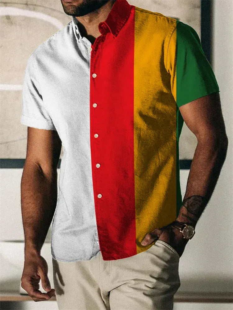 Color: Gold, Size: 5XL - 2023 Summer Vintage Men's Hawaiian Shirt Short Sleeve Stripe Printed Shirts For Men Single Button Beach Tee Shirt Men Clothing