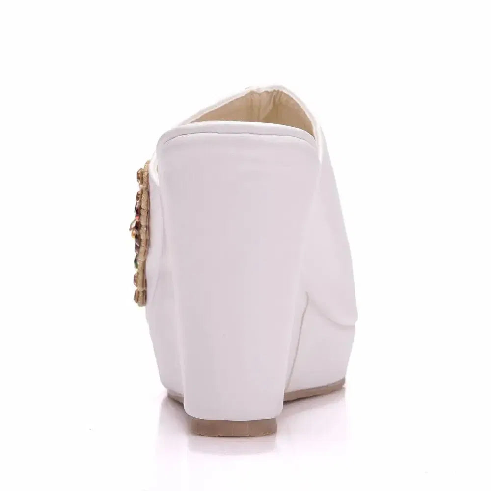 Color: WHITE, Shoe Size: 38 - Crystal Queen 10cm Peep Toe Platform Wedges Slippers High Heels Beach Sandals Women