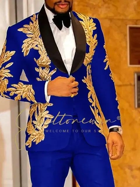 Color: SKY BLUE, Size: One Size - Luxury Groom Wedding Tuxedos Gold Sequins Appliques Black Men Suits Slim Fit Costume Homme Marriage Prom Suits
