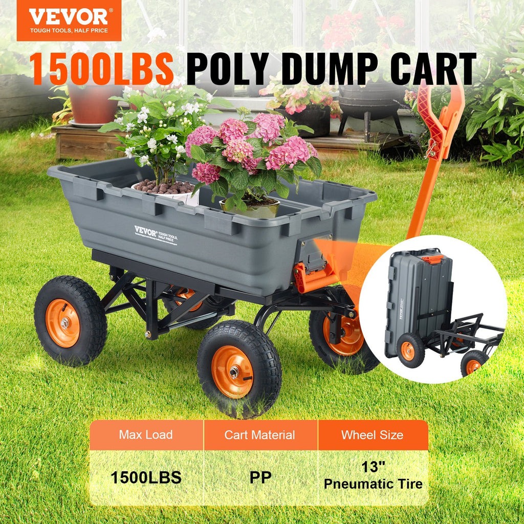 Garden Cart, Durable Poly Dump Cart with Simple Assembly Steel Structure, Versatile Dump Wagon with Dual-Function Handle, Handy Wheelbarrow with 1500 lbs Load Capacity, 13 inch Wheels