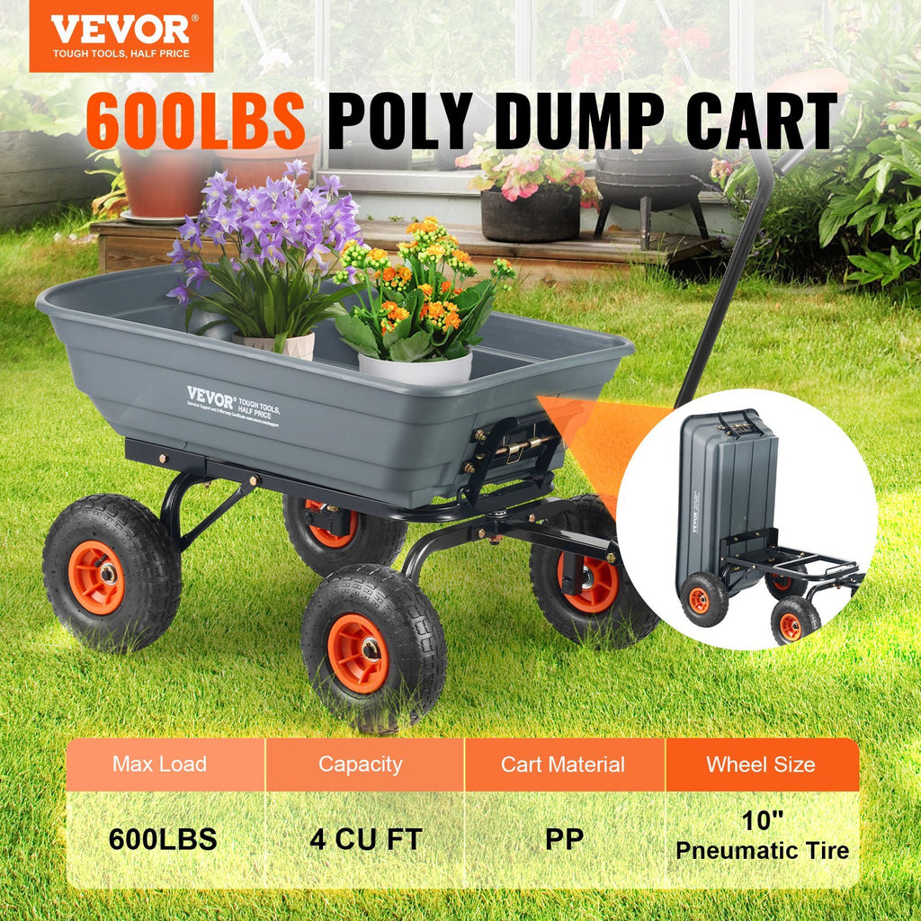Garden Cart, Durable Poly Dump Cart with Simple Assembly Steel Framework, Versatile Dump Cart with Dual-Function Handle, Handy Wheelbarrow with 600 lbs Load Capacity, 10 inch Wheels