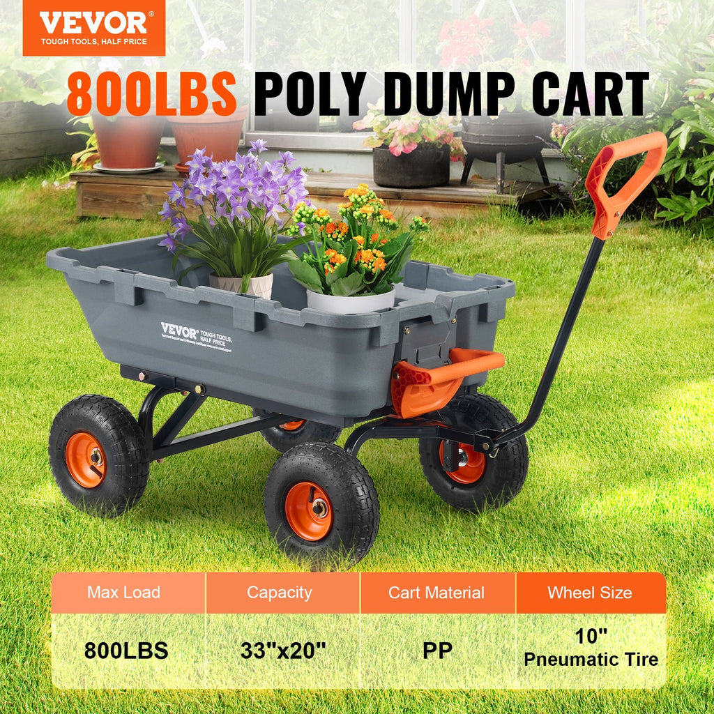 Garden Cart, Durable Poly Dump Cart with Simple Assembly Steel Structure, Versatile Dump Wagon with Dual-Function Handle, Handy Wheelbarrow with 800 lbs Load Capacity, 10 inch Wheels