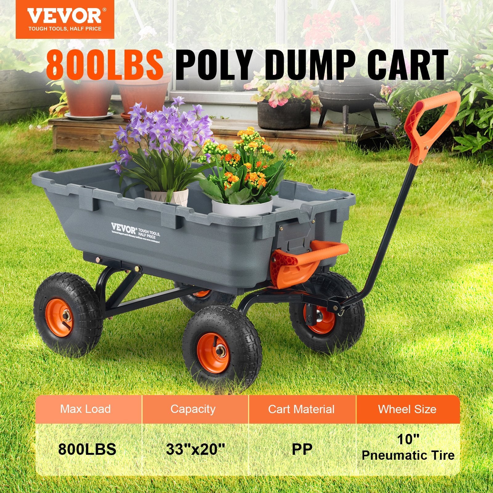 Garden Cart, Durable Poly Dump Cart with Simple Assembly Steel Structure, Versatile Dump Wagon with Dual-Function Handle, Handy Wheelbarrow with 800 lbs Load Capacity, 10 inch Wheels