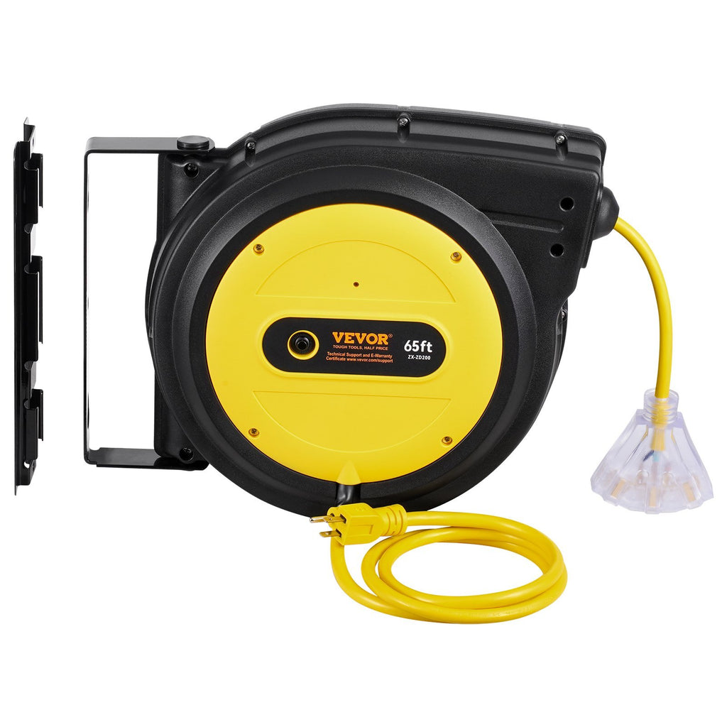Retractable Extension Cord Reel, 65 FT, Heavy Duty 12AWG/3C SJTOW Retractable Power Cord with Lighted Triple Tap Outlet, 15 Amp Circuit Breaker 180? Swivel Bracket for Ceiling or Wall Mount