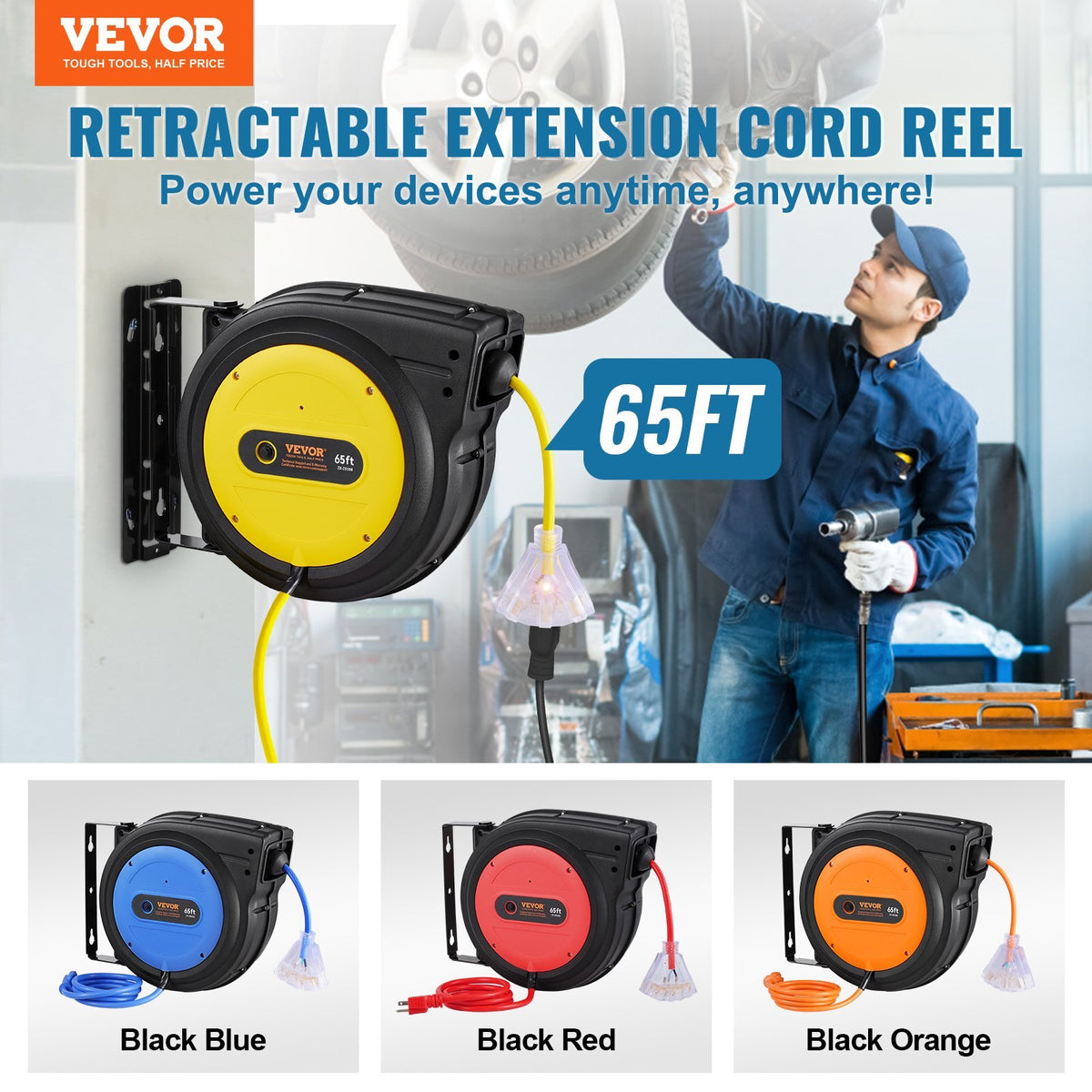 Retractable Extension Cord Reel, 65 FT, Heavy Duty 12AWG/3C SJTOW Retractable Power Cord with Lighted Triple Tap Outlet, 15 Amp Circuit Breaker 180? Swivel Bracket for Ceiling or Wall Mount