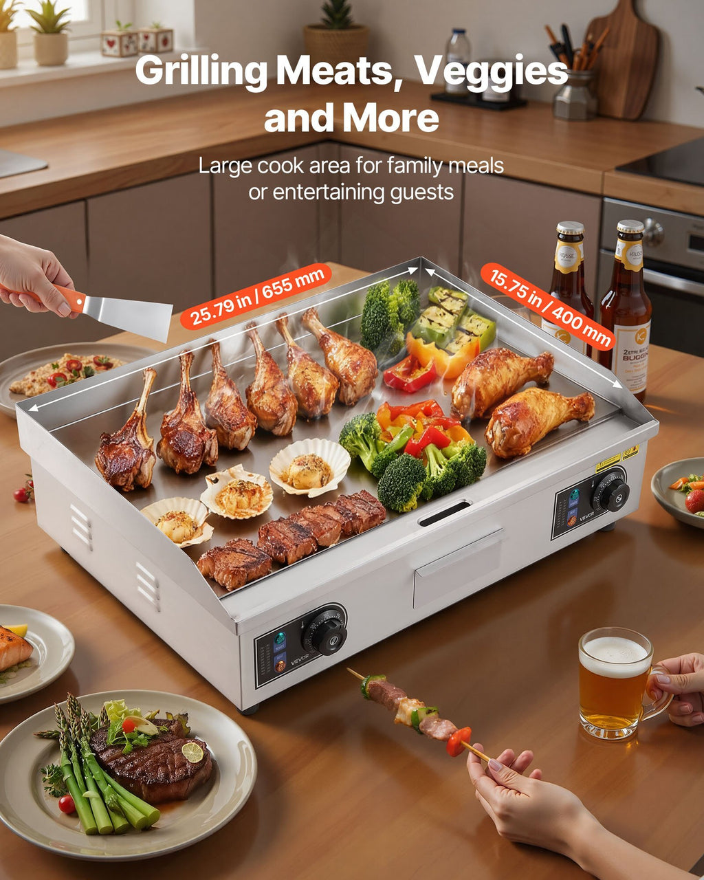 Commercial Electric Griddle, 25.79 x 15.75 inch, 2800W, 122-570?F Adjustable Temp Control, Stainless Steel Body, Full Flat, with 2 Spatulas, 2 Brushes, and 4 Foot Pads, for Steak, Pancake