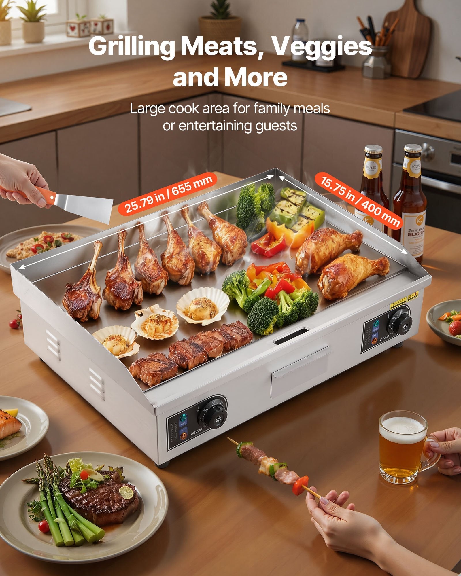 Commercial Electric Griddle, 25.79 x 15.75 inch, 2800W, 122-570?F Adjustable Temp Control, Stainless Steel Body, Full Flat, with 2 Spatulas, 2 Brushes, and 4 Foot Pads, for Steak, Pancake