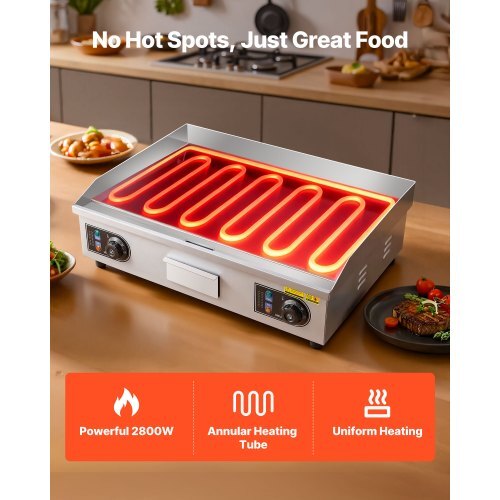 Commercial Electric Griddle, 25.79 x 15.75 inch, 2800W, 122-570?F Adjustable Temp Control, Stainless Steel Body, Full Flat, with 2 Spatulas, 2 Brushes, and 4 Foot Pads, for Steak, Pancake