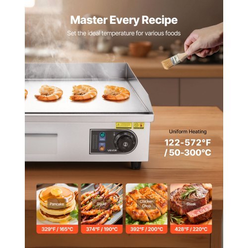Commercial Electric Griddle, 25.79 x 15.75 inch, 2800W, 122-570?F Adjustable Temp Control, Stainless Steel Body, Full Flat, with 2 Spatulas, 2 Brushes, and 4 Foot Pads, for Steak, Pancake